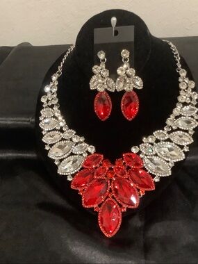 Red Crystal Statement Necklace & Earring Set - Brand